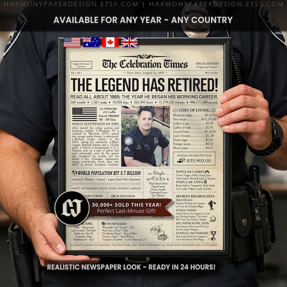 Retirement Personalized Newspaper Poster, Police Retirement Gift for Men or Women, Any Career, Keepsake