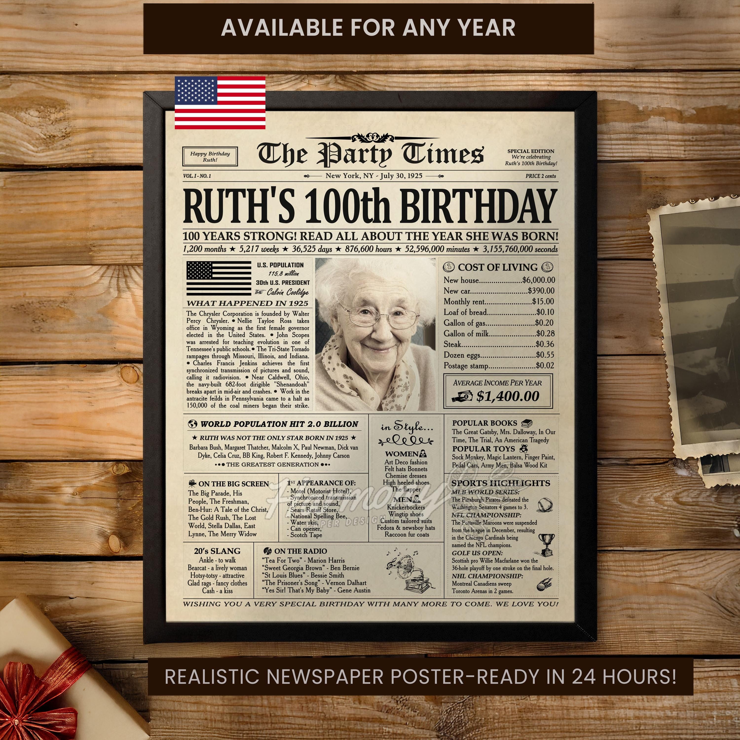 100th Birthday Gift, 100th Birthday Newspaper Sign, 100 Years Ago Back in 1925 Birthday Poster, Gift for Woman, 100th Birthday Decorations