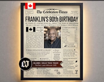 90th Birthday Personalized Newspaper Poster, Gift for Dad Grandpa or Grandma, Keepsake, Party Decor, Birthday Favor, Canada Version