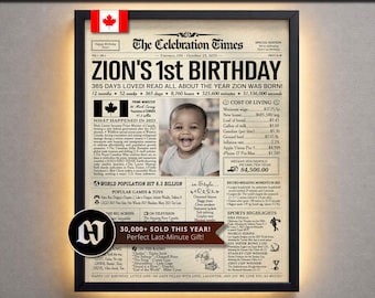 1 Year Old Birthday Newspaper Poster, Personalized Back in 2025 Sign, Gift for Baby Girl or Boy, Party Decor, Canada Version - ANY AGE