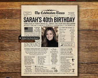 40th Birthday Personalized Newspaper Poster, Back in 1986, Gift for Her, Him, Party Decor