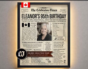 95th Birthday Personalized Newspaper Poster, Back in 1931, Gift for Grandma or Mom, Keepsake, Party Decor, Birthday Favor, Canada Version