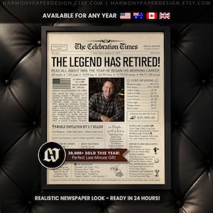 Puede incluir: Un póster enmarcado estilo periódico titulado The Celebration Times, con el titular The Legend Has Retired. Incluye una fotografía de una persona, hechos históricos de 1995, datos del coste de la vida, juegos, juguetes y deportes.