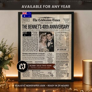Ruby Wedding Anniversary Newspaper Poster, 40th Anniversary Gift for Parents or Couple, AU Version