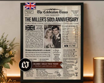 50th Wedding Anniversary Newspaper Poster, Gift for Parents, Golden Anniversary Keepsake, Party Decor