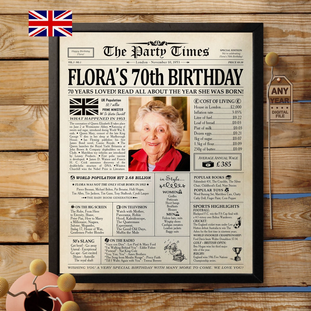 70th Birthday Gift for Men, Birthday Decoration Gift, 1953 UK Birthday Newspaper, 70th Birthday