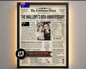 60th Diamond Wedding Anniversary Newspaper Poster, Married in 1966, Gift for Parents, Grandparents, Couple, Australia Version, Party Decor