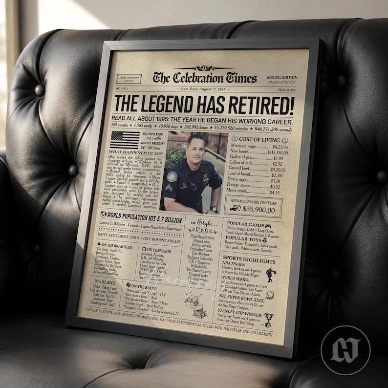 Retirement Personalized Newspaper Poster, Police Retirement Gift for Men or Women, Any Career, Keepsake