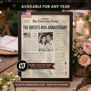 May include: A framed print designed to look like a newspaper front page, celebrating the Smith's 40th Anniversary. The headline reads "The Celebration Times." The print includes a photo of the couple and various details from 1986. The text says "30,000+ SOLD THIS YEAR! Perfect Last-Minute Gift!"