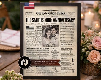 40th Anniversary Gift Newspaper Poster Sign | Ruby Wedding Anniversary | Party Decor, Favor