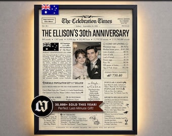 30 Years Married Personalized Newspaper Poster, 1996 Pearl Wedding Anniversary Gift for Parents, Grandparents, Couple, Australia Version