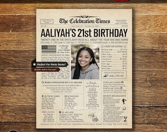 21st Birthday Personalized Newspaper Poster, Gift for Her or Him, USA Version