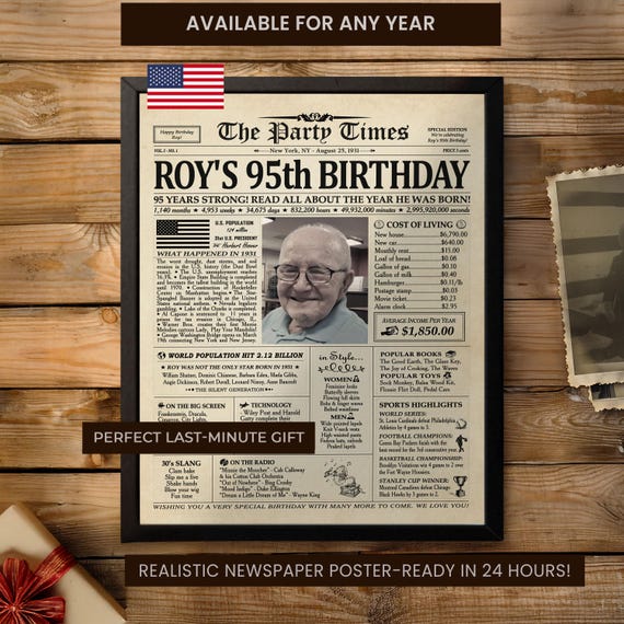 95th Birthday Gift for Grandma or Grandpa, 1931 Birthday Newspaper Poster, 95 Years Ago Back in 1931, 95th Birthday Decorations PRINTABLE