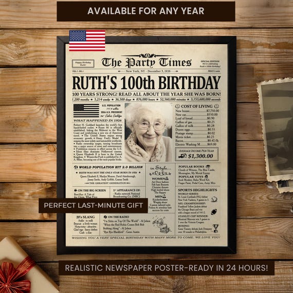 100th Birthday Gift, 100th Birthday Newspaper Sign, 100 Years Ago Back in 1926 Birthday Poster, Gift for Woman, 100th Birthday Decorations