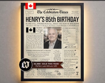 85th Birthday Personalized Newspaper Poster, Back in 1941, Gift for Dad or Grandpa, Meaningful Keepsake, Party Decor, Birthday Favor, Canada