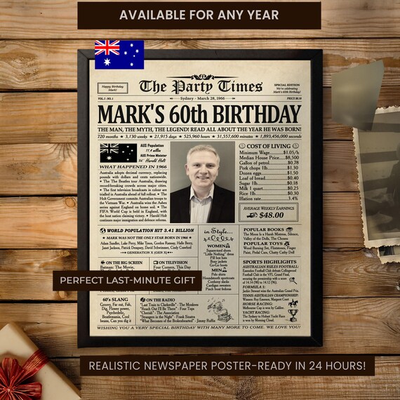 60th Birthday Gift for Men or Women, 60th Birthday Decoration,AU, 60th Birthday Newspaper, 60th Birthday Poster, Back in 1966, 1966 Birthday