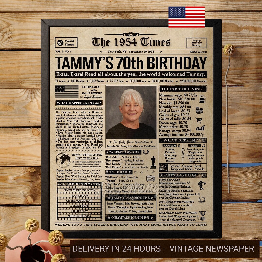 70th Birthday Newspaper, Printable 70th Birthday Decoration, 70th ...