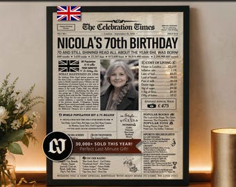 70th Birthday Personalized Newspaper Poster, Back in 1956, Gift for Mum or Dad, UK