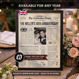 May include: A framed newspaper-style print titled The Celebration Times, featuring the headline The Miller's 40th Anniversary. The design includes a black and white photograph of a couple, historical facts from 1986, cost of living data, and a small Union Jack flag icon in the top left corner, all presented on a vintage-toned paper background.
