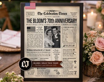 70th Anniversary Gift Newspaper Poster | Platinum Wedding Anniversary | Party Decor, Favor