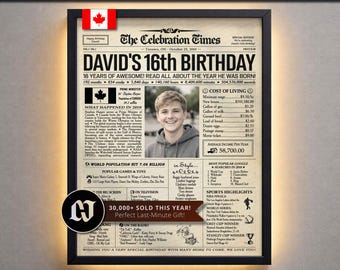 16th Birthday Personalized Newspaper Poster, Back in 2010, Gift for Son, Daughter, Him or Her, Keepsake Sign, Party Decor, Canada Version