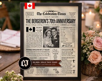 70th Anniversary Gift Newspaper Poster | Platinum Wedding Anniversary | Party Decor, Favor