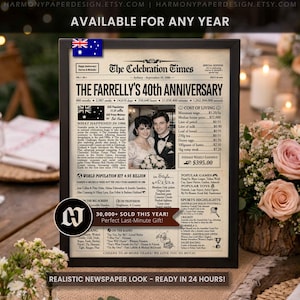 May include: A framed newspaper-style print titled The Celebration Times, featuring a 40th anniversary theme for 1986. The design includes a black and white photograph of a couple, historical facts, cost of living data, and an Australian flag icon.
