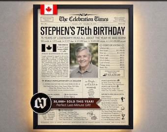 75th Birthday Newspaper Poster, 75th Birthday Gift, Back in 1951 Keepsake for Dad, Mom, Grandpa, Grandma, Party Decor, Canada Version