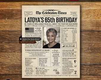 65th Birthday Personalized Newspaper Poster, Gift for Grandma or Grandpa, Back in 1961