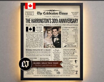 30th Pearl Wedding Anniversary Newspaper Poster, Married in 1996, Gift for Parents, Keepsake, Couple, Canada Party Decor and Favor