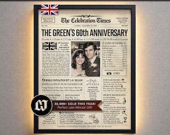 May include: A framed print designed to look like a vintage newspaper, celebrating "The Green's 60th Anniversary." The print includes a photo of a couple, headlines, and text. The text includes the phrase "30,000+ SOLD THIS YEAR!" and the text "Perfect Last-Minute Gift!"