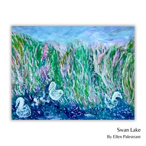Swan Lake, Original Painting by Ellen Palestrant, Oil Paints, Oil-based Markers, Water Scene, Tall Vegetation Grass, Water, Lake, Landscape
