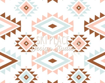 May include: A seamless pattern featuring a geometric design with brown, pink, and blue shapes. The pattern is made up of triangles, squares, and diamonds.
