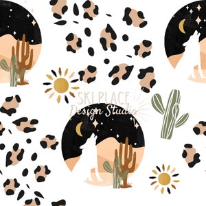 Leopard Desert Seamless, Desert Coyote Seamless Patroon, Cactus naadloos, Dierenprint naadloos, boho