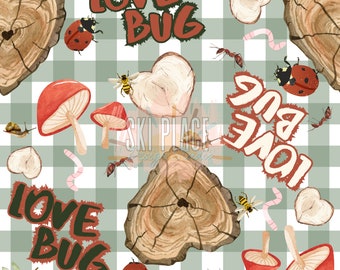 May include: A seamless pattern featuring a green and white gingham background with various illustrations. The pattern includes red and black ladybugs, red mushrooms, brown tree rings, pink and white hearts, green and brown worms, and the text "Love Bug" in red and green.