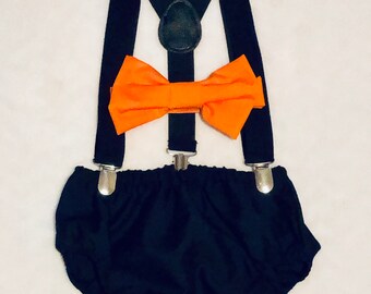 baby boy black and orange Halloween themed cake smash outfit nappy diaper cover suspenders bow tie boy first birthday outfit 1st birthday