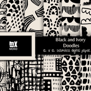 Black & Ivory Digital Paper Set, Seamless Pattern, Boho Patterns, Doodle Backgrounds, Abstract Patterns, Trending Patterns, Printable Paper