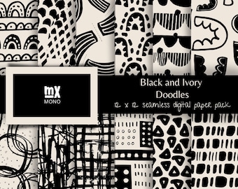 Patrones de garabatos en negro y marfil: Conjunto de papel digital sin costuras (PDF)
