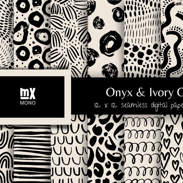 Black & Ivory Digital Paper Set, Seamless Pattern, Boho Patterns, Abstract Patterns, Doodle Patterns, Trending Patterns, Printable, Onyx