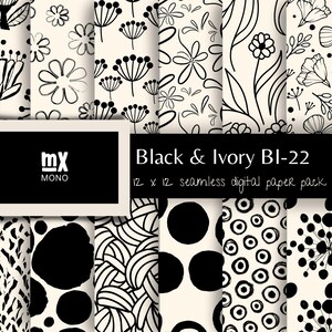 Könnte beinhalten: Ein digitales Papierpaket mit 12 nahtlosen Mustern in Schwarzweiß. Die Muster umfassen florale Designs, abstrakte Formen und Punkte. Das Paket ist mit "Black & Ivory BI-22" und "12 x 12 seamless digital paper pack" gekennzeichnet.