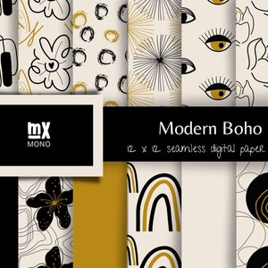May include: A digital paper pack with 12 seamless patterns in a modern boho style. The patterns feature abstract shapes, flowers, eyes, rainbows, and geometric designs in black, gold, and white.
