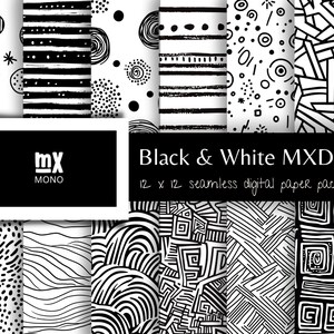 Pode incluir: Um pacote de papel digital com 12 padrões sem costura em preto e branco. Os padrões incluem formas geométricas, listras, pontos e redemoinhos. O texto "Black & White MXD-01" e "12 x 12 seamless digital paper pack" está incluído na imagem.