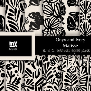 May include: A digital paper pack with 12 seamless patterns featuring black and white abstract designs. The patterns include stylized figures, floral motifs, and geometric shapes. The text "Onyx and Ivory Matisse 12 x 12 seamless digital paper pack" is displayed at the bottom of the image.