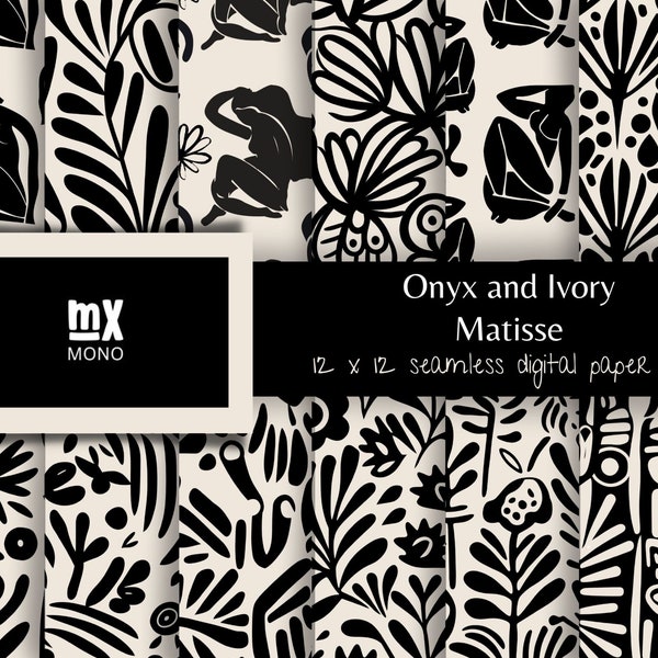 Black & Ivory Digital Paper Set, Seamless Pattern, Matisse Patterns, Doodle Backgrounds, Abstract Patterns, Trending Patterns, Printable