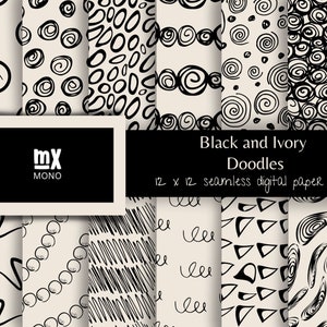 Digital Paper Set Seamless Pattern Boho Patterns Doodle Backgrounds Abstract Patterns Trending Patterns Printable Paper Pack Black & Ivory