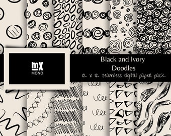 Patrones de garabatos en negro y marfil: Conjunto de papel digital sin costuras (PDF)