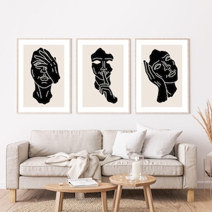 Set of 3 Prints See No Evil Speak No Evil Hear No Evil Neutral Boho Midimalist Prints Digital Download, Printable Gallery Wall Art Beige Art