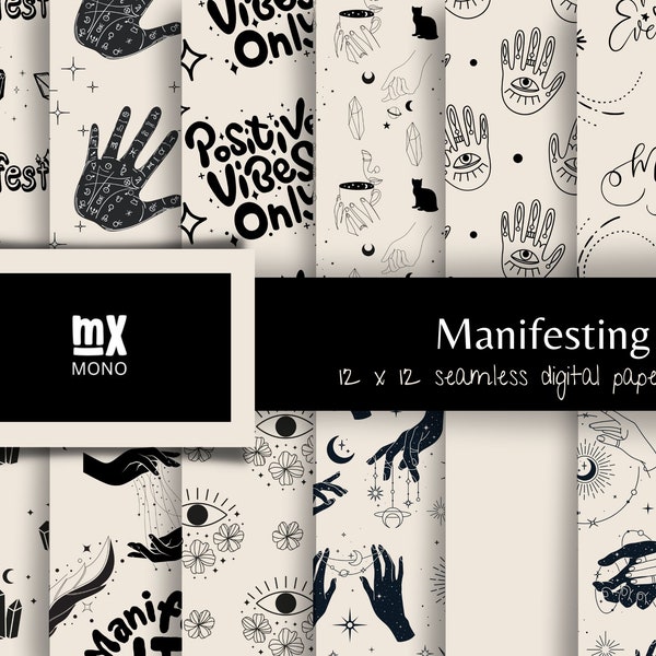 Manifesting, Black & Ivory Digital Paper Set, Seamless Pattern, Boho Patterns, Abstract Patterns, Manifest it, Trending Patterns, Printable