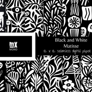 May include: A digital paper pack containing 12 black and white seamless patterns featuring abstract shapes, flowers, and geometric designs. The patterns are inspired by the work of Henri Matisse. The text "Black and White Matisse" and "12 x 12 seamless digital paper pack" is included in the image.