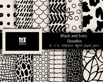 Patrones de garabatos en negro y marfil: Conjunto de papel digital sin costuras (PDF)